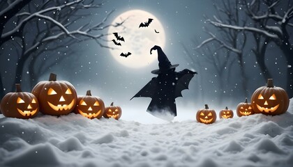 Halloween pumpkins and bats in a snowy landscape, creating a spooky and unexpected contrast