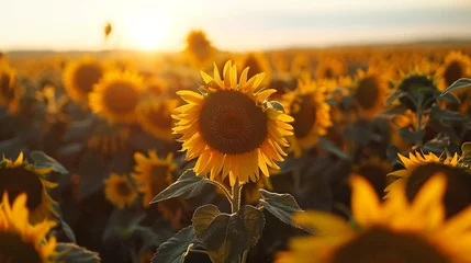 Rolgordijnen A vibrant field of sunflowers stretching towards the horizon, their cheerful faces following the sun © baseer