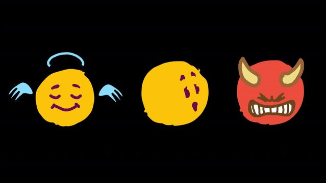 Set of  looped cartoon hand drawn emojis on a transparent background. Devil, angel, head turning left and right.