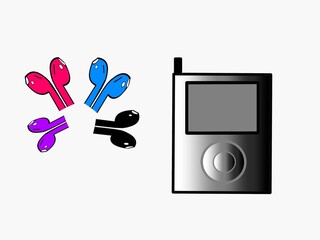 a digiral illustration of colored ear buds and an mp3 player in grey color