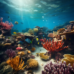Fototapeta na wymiar Submerged coral reef with diverse marine life.