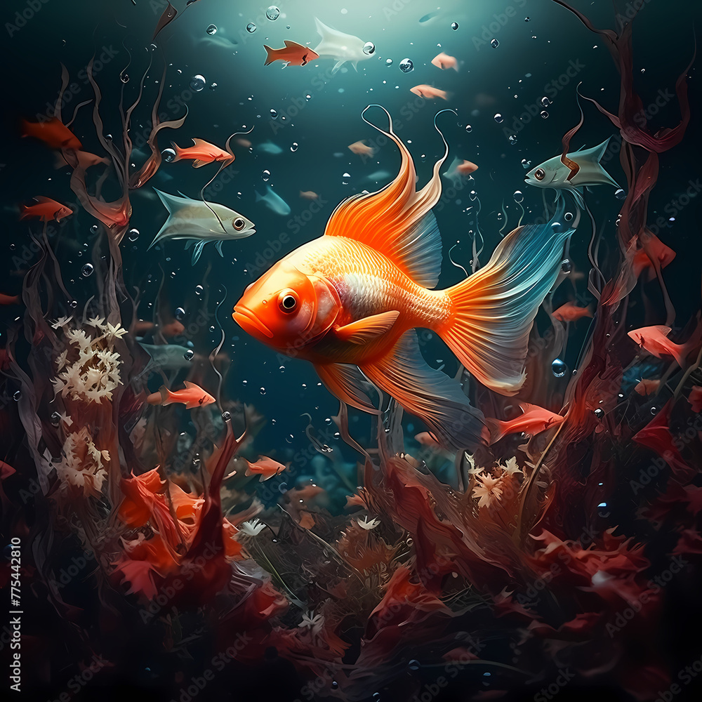 Poster Surreal underwater scene with exotic fish.