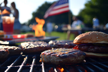July 4 celebration: American flag proudly waving at a barbecue in the park, symbolizing unity and...