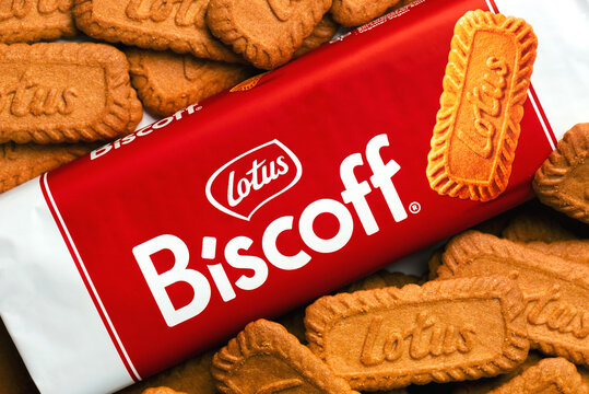 Close up of Lotus branded Biscoff snack pack of Belgian biscuits. Illustrative editorial