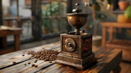 Overhead shot of Coffee Cup and Grinder on Wooden Background - obrazy, fototapety, plakaty