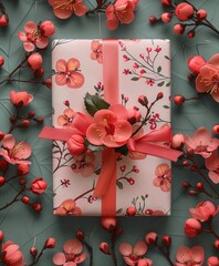 Cherry Blossom Gift: Overhead Shot of Present Wrapped with Bow Amidst Cherry Blossoms
