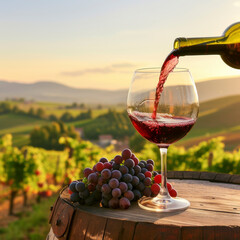 Wine glass with pouring red wine and vineyard landscape in sunny day. Winemaking concept, copy...