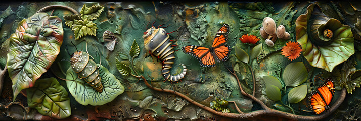 Detailed and Vibrant Representation of the Butterfly Life Cycle from Egg to Adult - obrazy, fototapety, plakaty