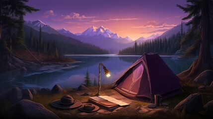 Purple tent with a flashlight, a bowler hat and an adventure map against the backdrop of a forest lake and mountains, no text, no inscriptions, no advertising, --ar 16:9 --quality 0.5 --v 5.2 Job ID - obrazy, fototapety, plakaty