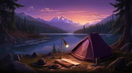 Rolgordijnen Purple tent with a flashlight, a bowler hat and an adventure map against the backdrop of a forest lake and mountains, no text, no inscriptions, no advertising, --ar 16:9 --quality 0.5 --v 5.2 Job ID © Zhanna