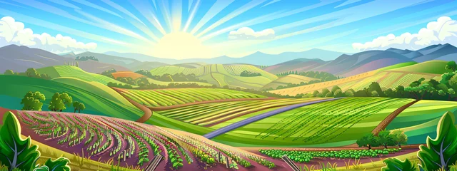 Gartenposter Countryside summer rural landscape with field, trees, grass and a flowers. Village in spring sunny day. Vineyard, wheat fields. Cartoon farmland. Farming and harvest  © ratatosk