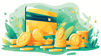 Credit card with coins. A stack of coins. Vector il - obrazy, fototapety, plakaty