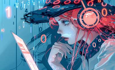 girl using her laptop anime style, hacking concept