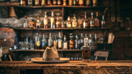 whiskey bottle in a tavern - obrazy, fototapety, plakaty
