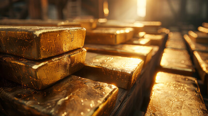 Sunlit stack of gold bars in secure vault with focus on engraved purity - obrazy, fototapety, plakaty