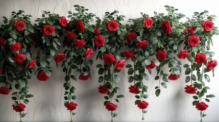 Fototapeta na wymiar Red roses on white wall with greenery at the bottom