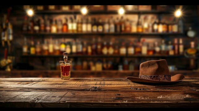 bottle of whiskey in a tavern on the bar and cowboy hat