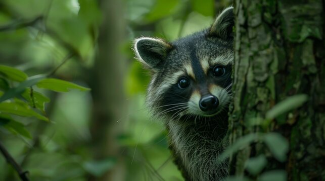 A curious raccoon peeking out from behind a tree in a lush forest, with its eyes wide and alert, greenery and raccoon's natural camouflage fitting together created with Generative AI Technology