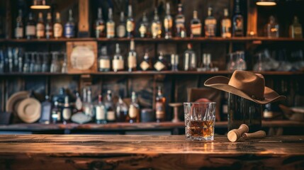 glass with whiskey on a bar - obrazy, fototapety, plakaty