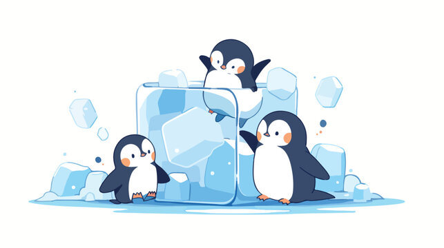 Cu0te penguins with ice cube 2d flat cartoon 
