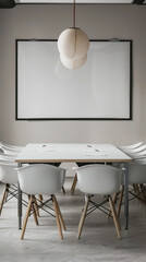A well-appointed meeting space with clean lines and a neutral color scheme, focusing on an empty white frame on the wall for versatile customization or mission statements.