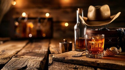 glass with whiskey on a wooden bar counter with a cowboy hat with bottles and cigars in the background - obrazy, fototapety, plakaty