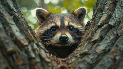 A curious raccoon peeking out from behind a tree in a lush forest, with its eyes wide and alert, greenery and raccoon's natural camouflage fitting together created with Generative AI Technology - obrazy, fototapety, plakaty
