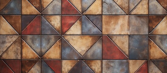 Detailed view of a wall displaying a repetitive motif created by a series of interconnected triangles in various sizes and orientations - obrazy, fototapety, plakaty