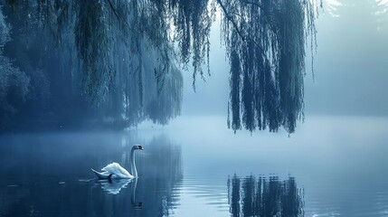 Misty morning over a calm lake with a lone swan gliding past weeping willows - obrazy, fototapety, plakaty