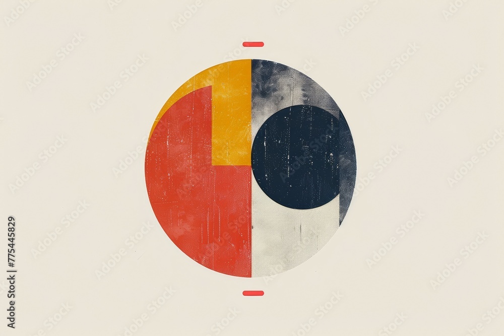 Poster a colorful abstract design with a red circle in the middle. risograph effect, trendy riso style