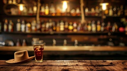 glass with whiskey on a wooden bar counter with a cowboy hat with bottles and unlit cigars in the background HD - obrazy, fototapety, plakaty