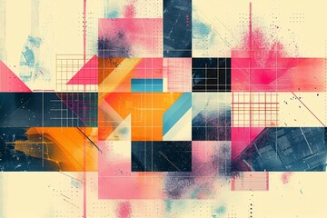 A colorful abstract painting with a lot of different shapes and colors. Risograph effect, trendy riso style