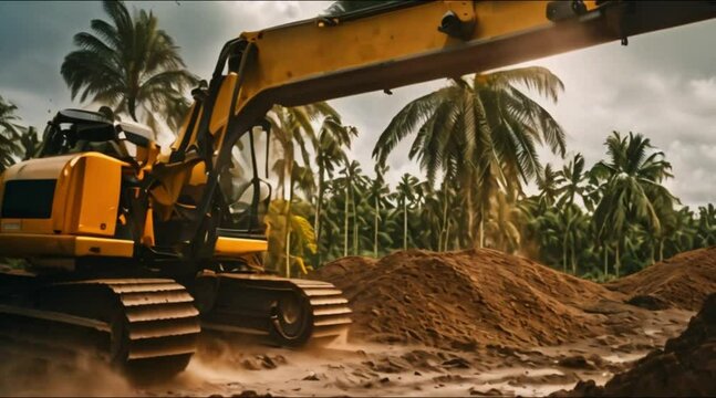 Excavator clear the land of oil palm
