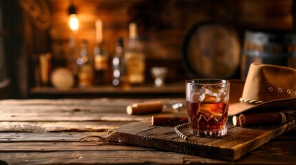 glass with whiskey on a wooden bar in a tavern