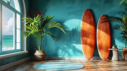 Surfboards propped against a vibrant blue wall with tropical decor accents