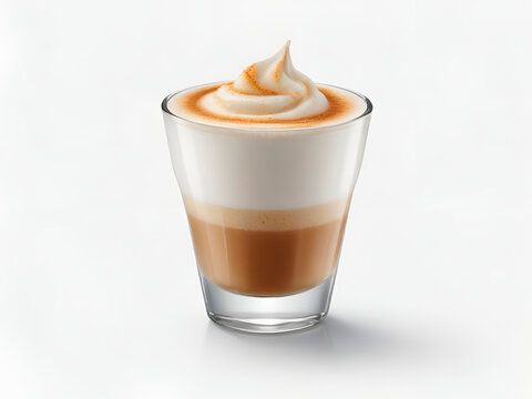 Coffee macchiato in a glass glass on a white background.