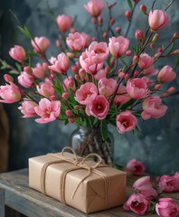 Pink Flowers in Glass Vase: Table Setting with Gift Wrapped Present