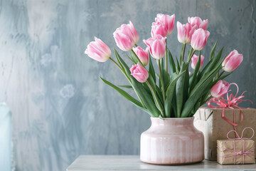 Pink tulips in a vase arranged with gifts, beautiful spring flowers in a minimalist interior, banner with copy space