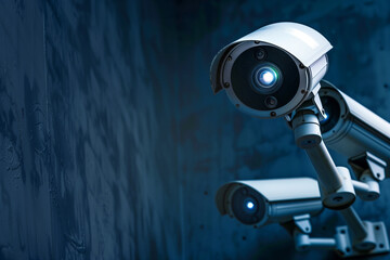 Security cameras on a blue textured wall with copy space