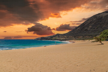 Fototapeta na wymiar a beautiful spring landscape at Sandy Beach with blue ocean water, silky brown sand, people relaxing, palm trees and majestic mountain ranges in Honolulu Hawaii USA