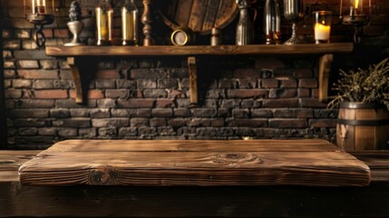 wooden bar in a tavern with a state of bottles in the background in high resolution
