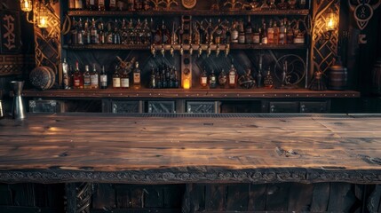 wooden bar in a tavern with a state of bottles - obrazy, fototapety, plakaty