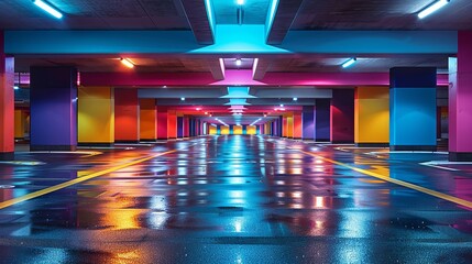 Subterranean car park with splashes of color creating visual rhythm - obrazy, fototapety, plakaty