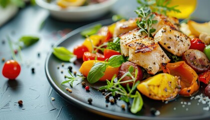 Grilled chicken breast with herbs on a vibrant salad with tomatoes and olives - obrazy, fototapety, plakaty