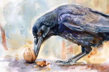 Fotobehang Watercolor of a clever crow carefully prying open a nut with its beak © Michael