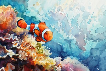 Fototapeta na wymiar Watercolor of a clownfish in a coral reef.