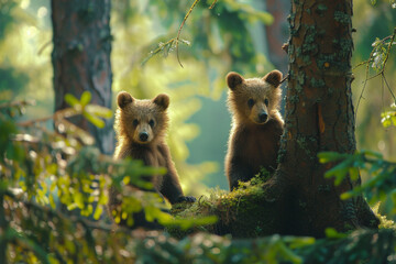Adorable baby bears playing among the towering trees of a lush forest, their fluffy fur contrasting beautifully with the vibrant greenery, captured in crisp HD imagery
