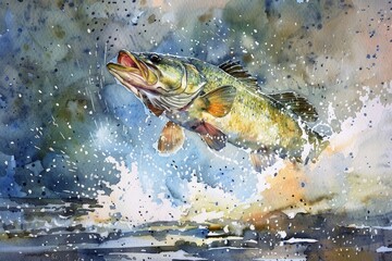 Watercolor of a fish jumping out of the splashing water surface