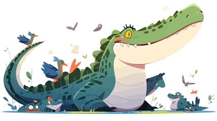 Cute crocodile or alligator and birds cartoon 2d fl - obrazy, fototapety, plakaty