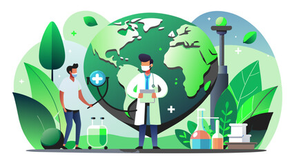 Global Healthcare: A Vector Illustration of a Doctor Conducting a Checkup on Earth